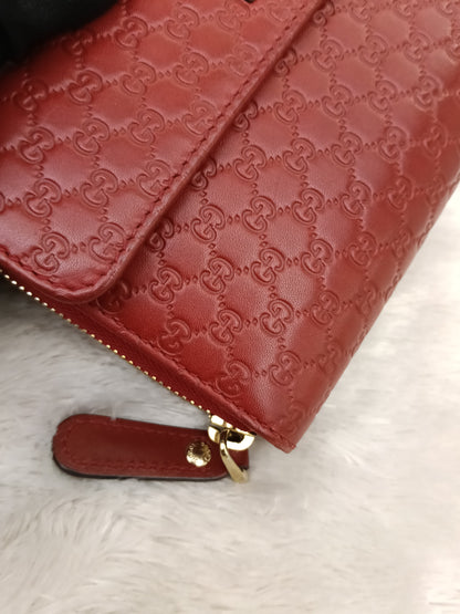 Gucci Bifold Wallet Zip Around Micro Guccissima Red GHW