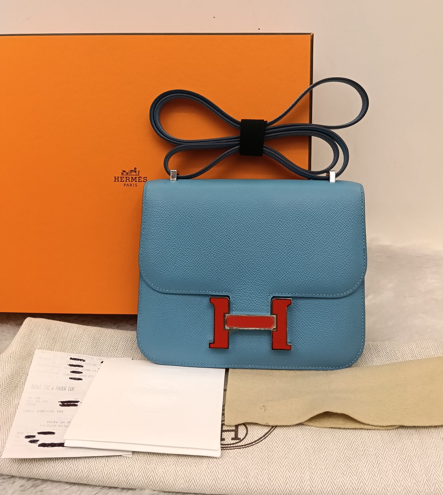 Hermes Constance 18 Epsom Bleu De Nord Rouge De Coeur Enamel PHW #Y