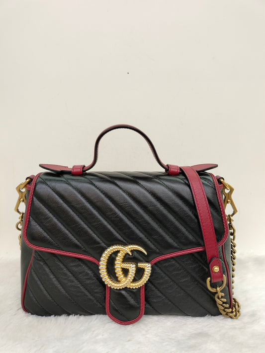 Gucci Marmont Top Handle Medium Black Red GHW