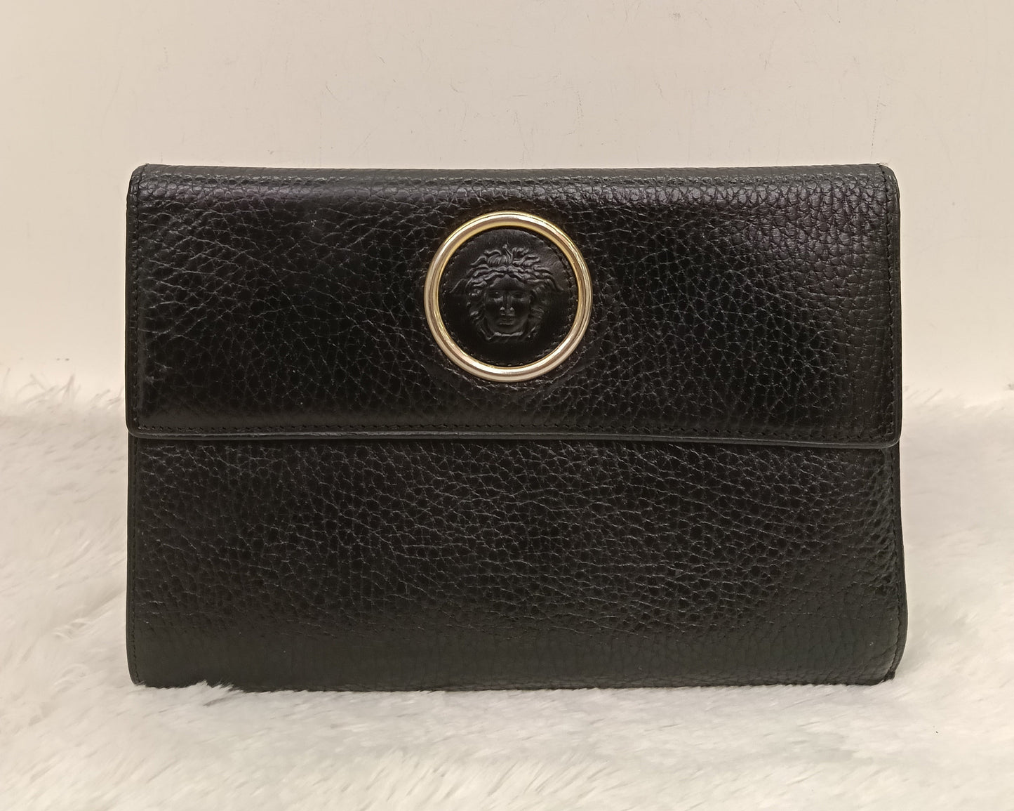 Gianni Versace Medusa Trifold Wallet Grained Black GHW