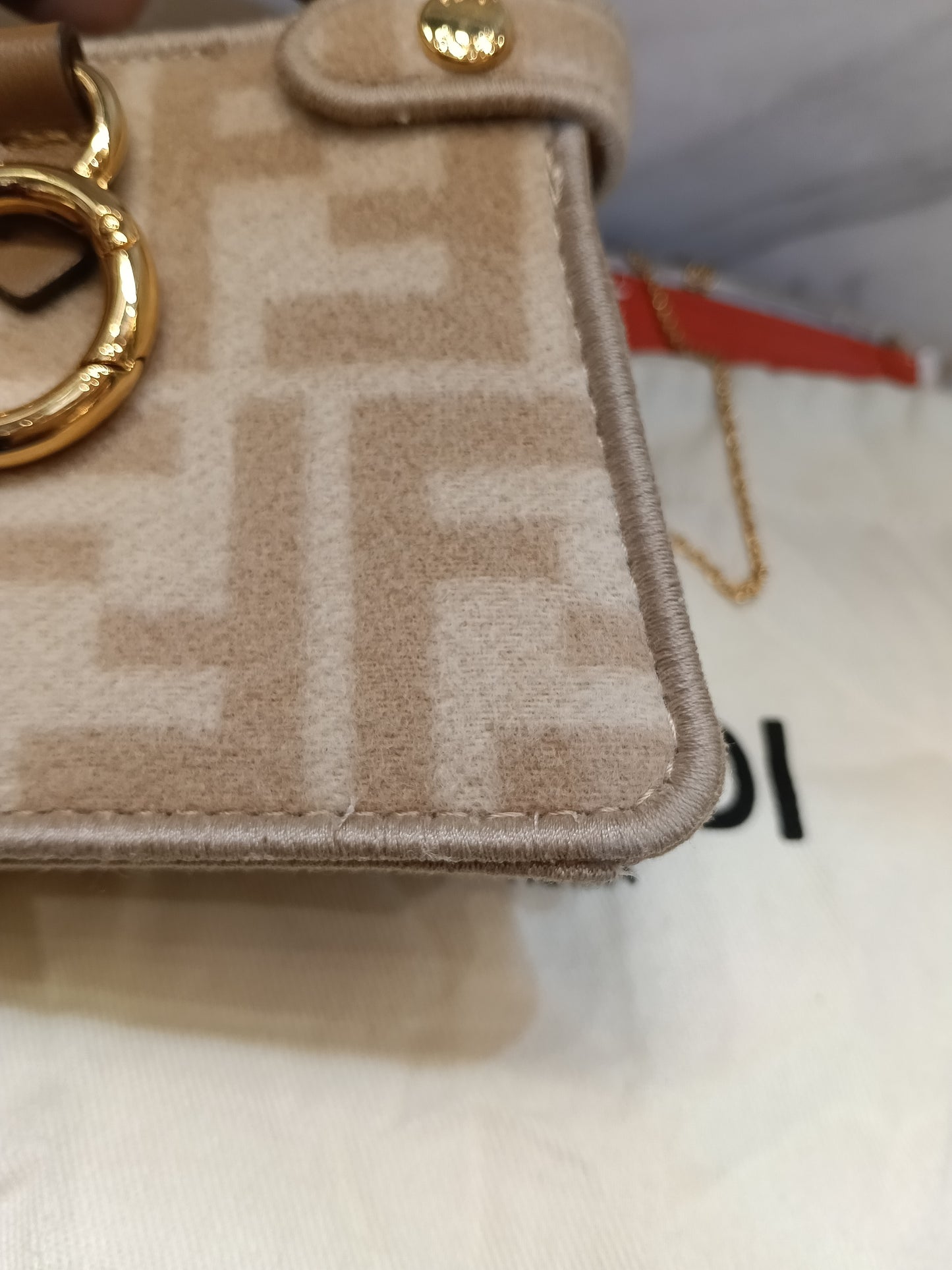 Fendi Peekaboo Nano Charm Embroidered FF Wool Beige Pink GHW