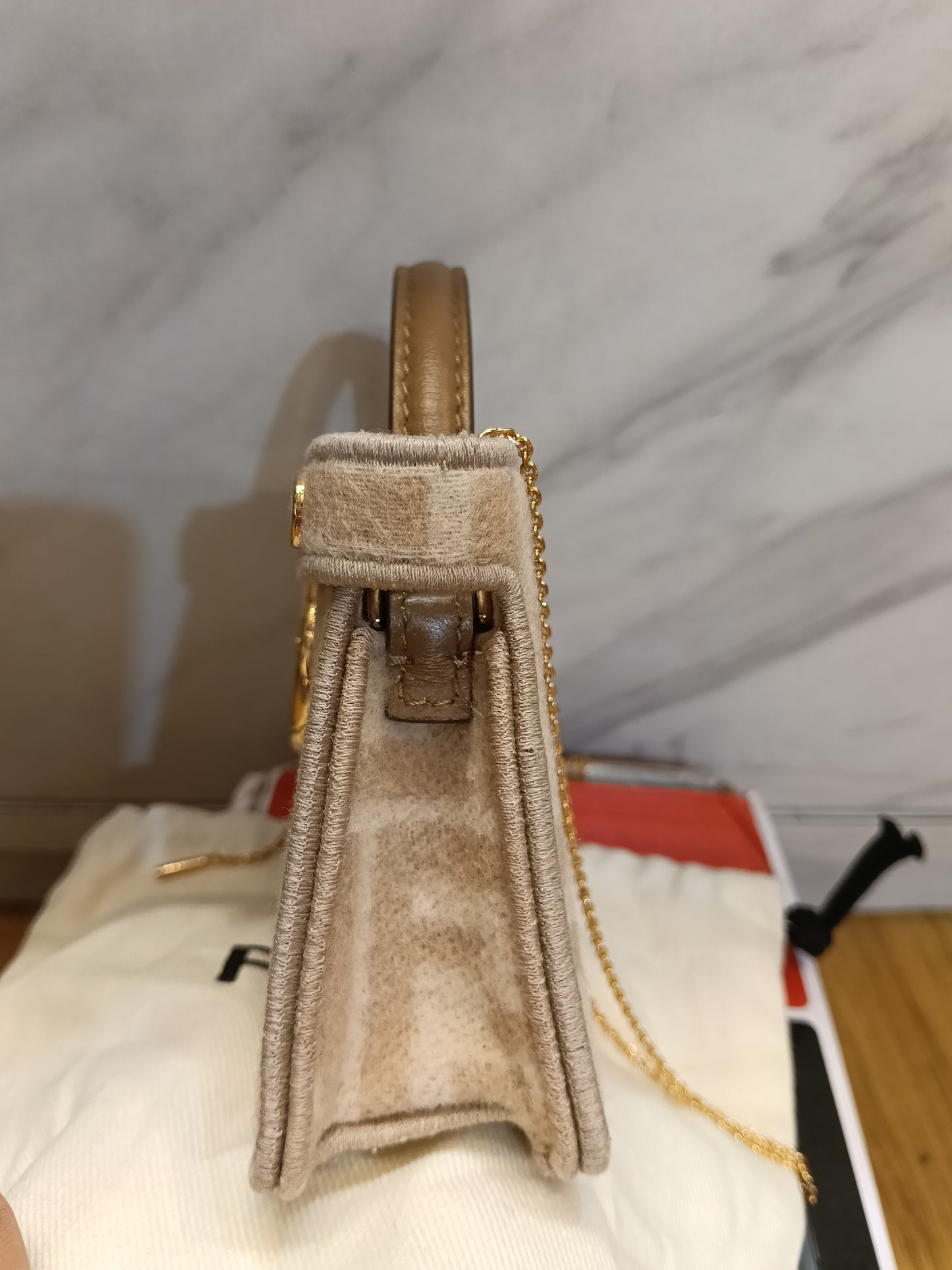 Fendi Peekaboo Nano Charm Embroidered FF Wool Beige Pink GHW