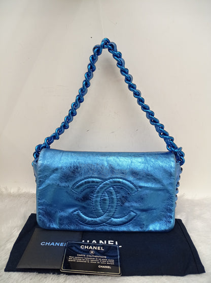 Chanel Modern Chain Flap Cracked Calfskin Metallic Blue #12