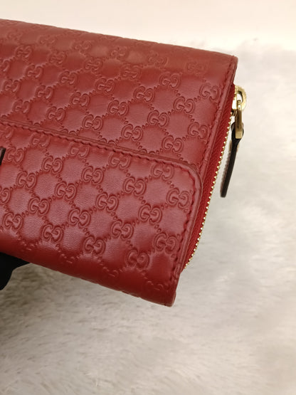 Gucci Bifold Wallet Zip Around Micro Guccissima Red GHW