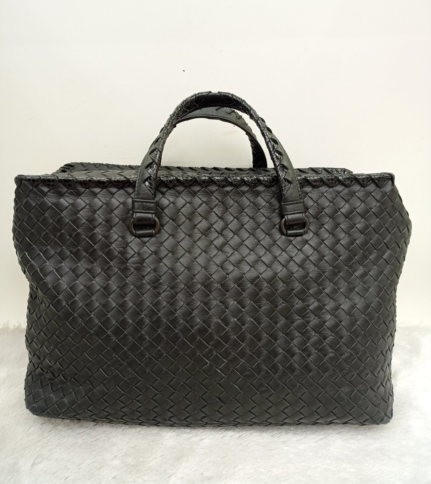Bottega Veneta Nappa Intrecciato Ayers Brick Tote Black Snake Skin RHW
