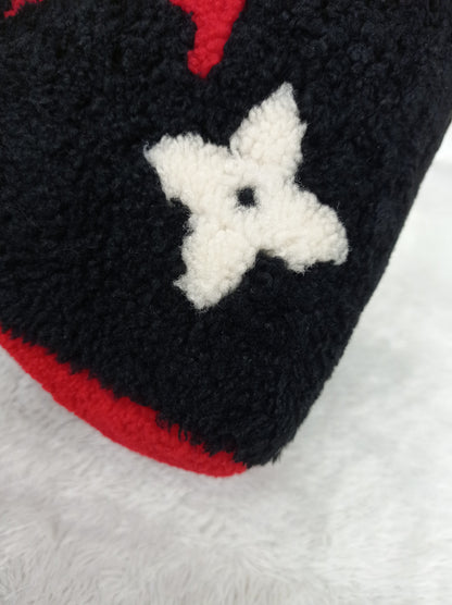 LV Bandou 25 Monogram Giant Fleece Teddy Shearling Black Red 2019