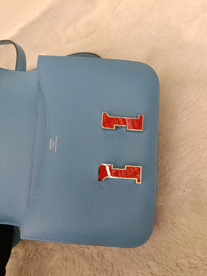 Hermes Constance 18 Epsom Bleu De Nord Rouge De Coeur Enamel PHW #Y
