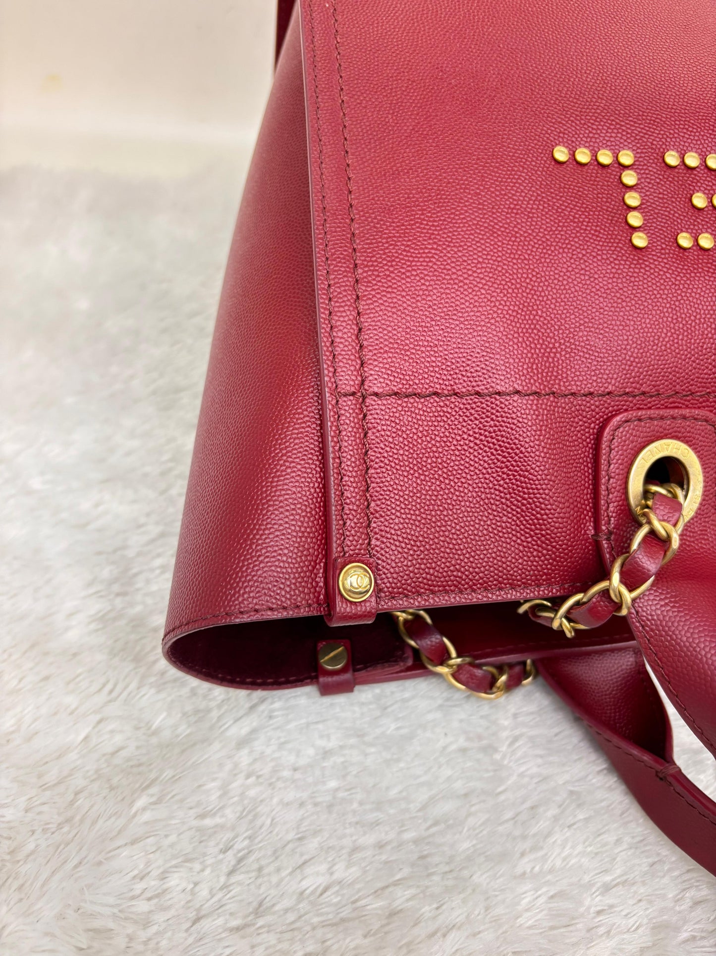 Chanel Deauville Small Caviar Studded Burgundy GHW #26