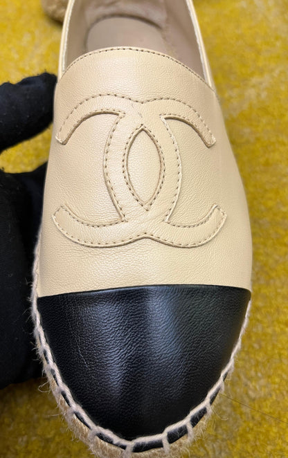 Chanel Espadrilles Leather Beige Black Size 36