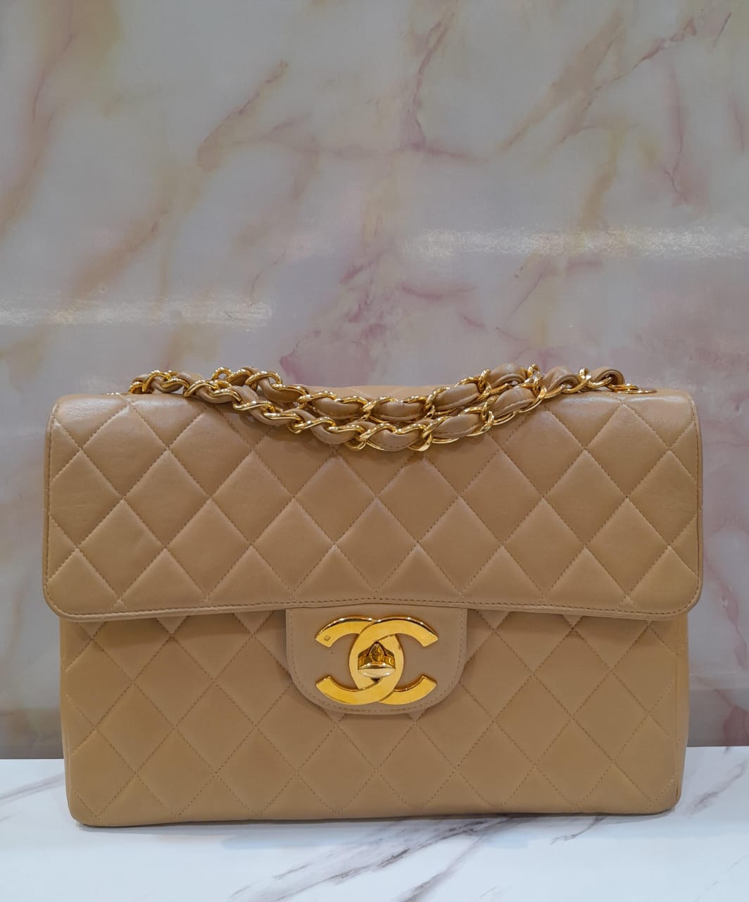 Chanel Vintage Jumbo Beige Lambs GHW SF #3
Size 30x21x9cm