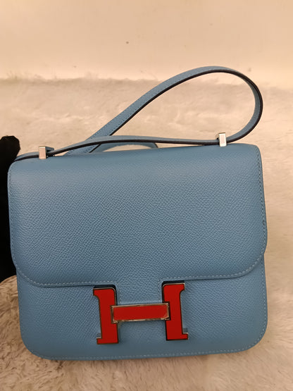 Hermes Constance 18 Epsom Bleu De Nord Rouge De Coeur Enamel PHW #Y