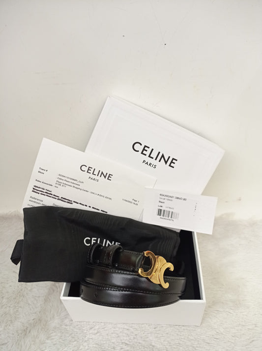 Celine Triomphe Belt Small Elegant Smooth Calfskin Black GHW size 80