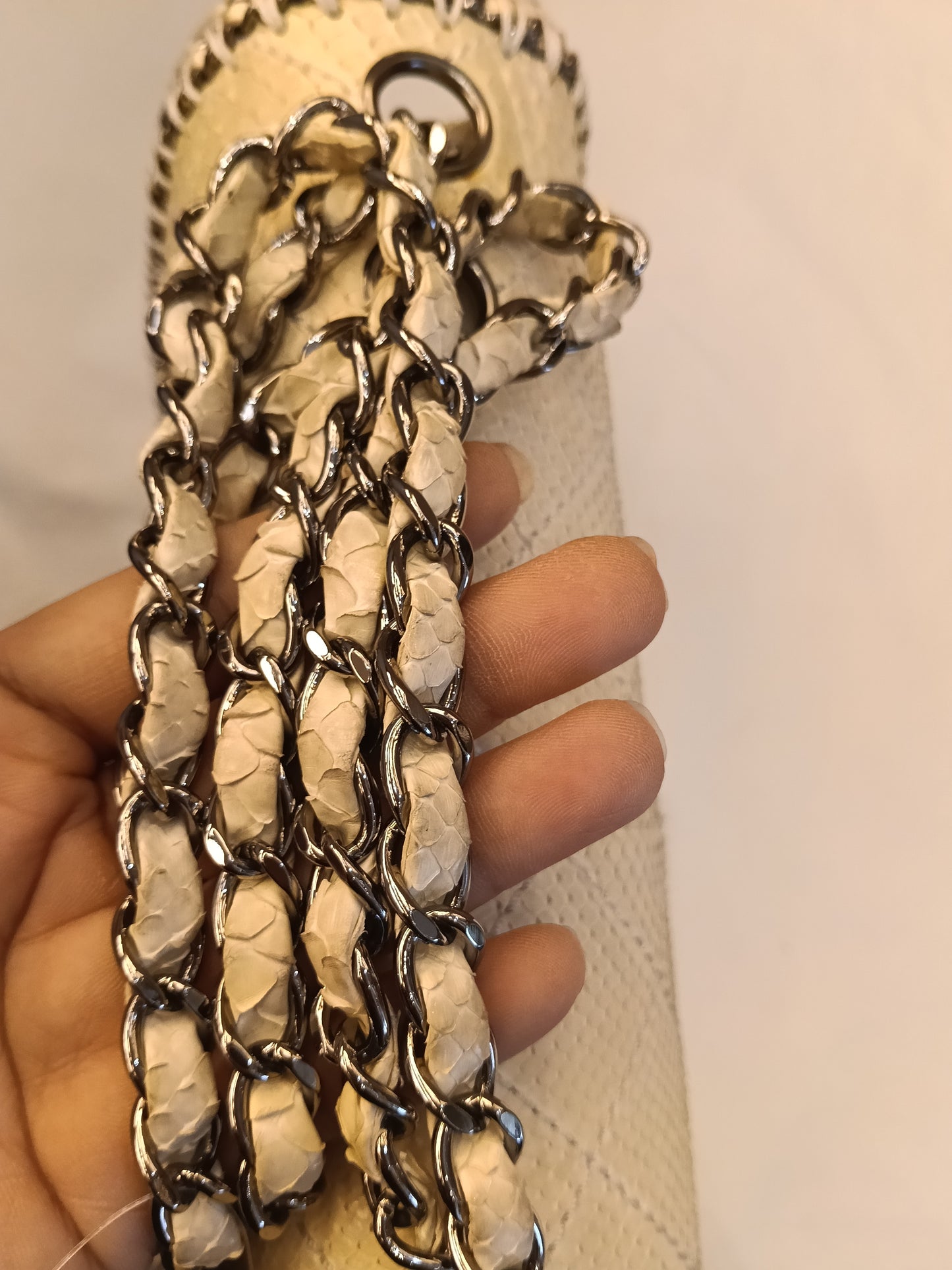 Chanel Turn Lock Flap Chain Python White SHW #11