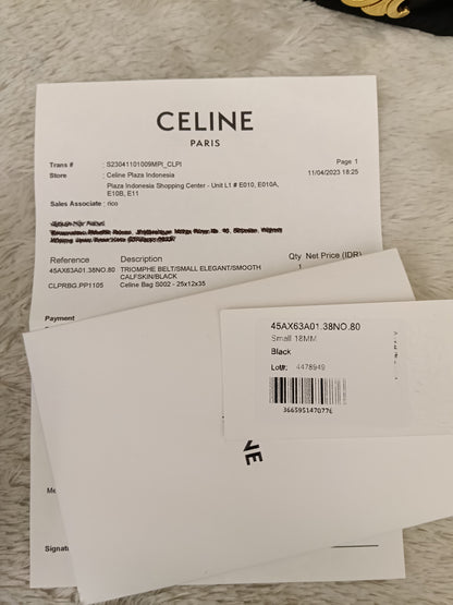 Celine Triomphe Belt Small Elegant Smooth Calfskin Black GHW size 80