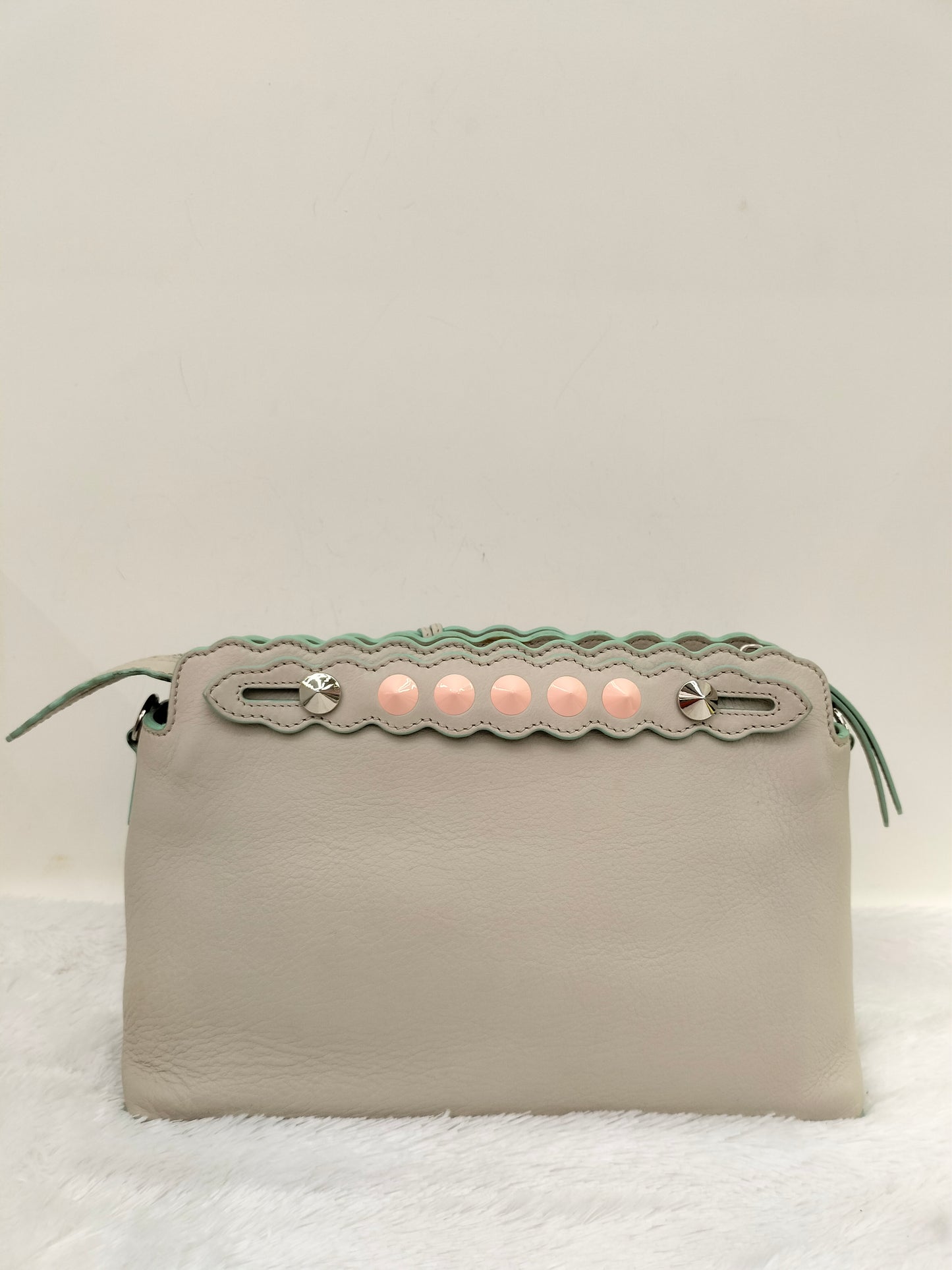 Fendi BTW Medium Vitello Dolce Scalloped Studded Pink Off White SHW 2016