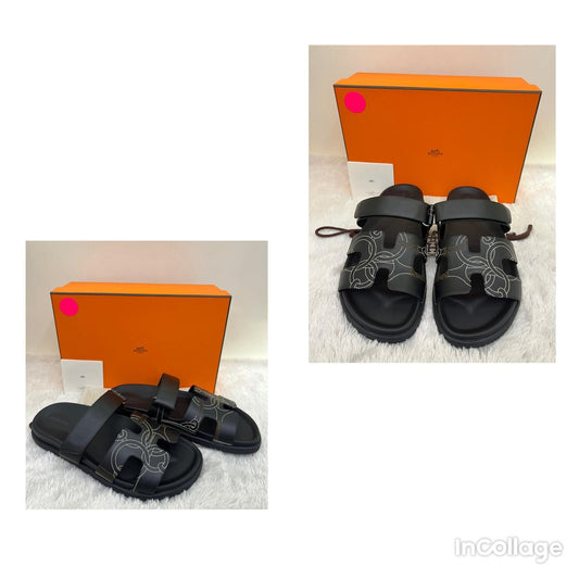 *NEW* Hermes Chypre Sandals Panoplie Equestre Embroidered Calfskin Black Size 39