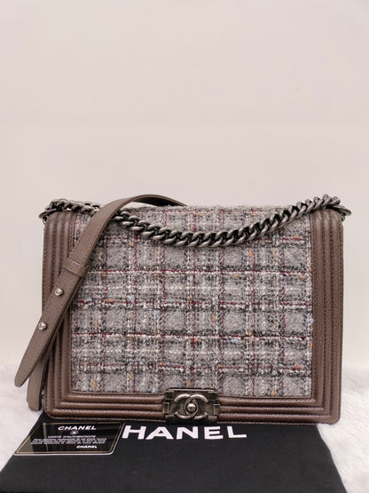 Chanel Boy Large Tweed Calfskin Brown RHW #18