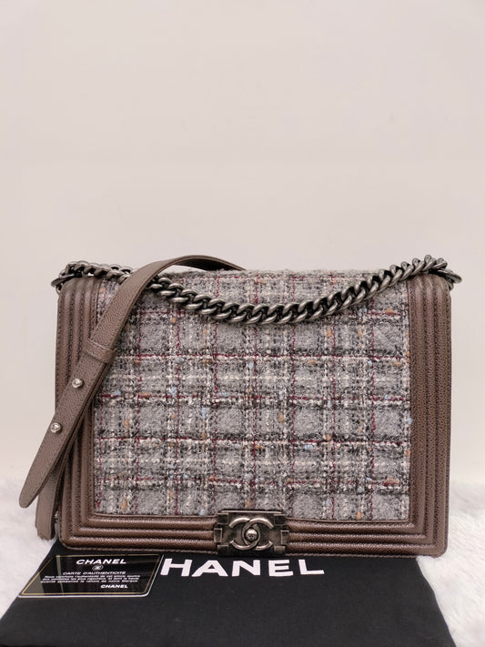 Chanel Boy Large Tweed Calfskin Brown RHW #18