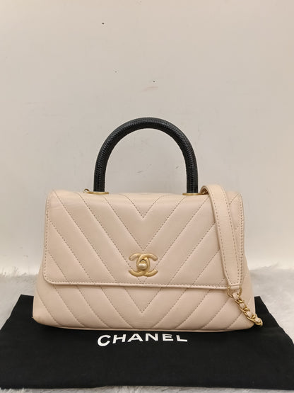 Chanel Coco Handle Small Chevron Calfskin Beige Handle Lizard GHW #25