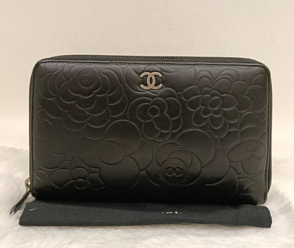 Chanel Zip Around Organizer Wallet Camellia Embossed Black Silver SHW #16