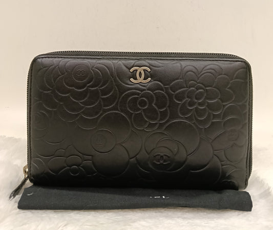 Chanel Zip Around Organizer Wallet Camellia Embossed Black Silver SHW #16