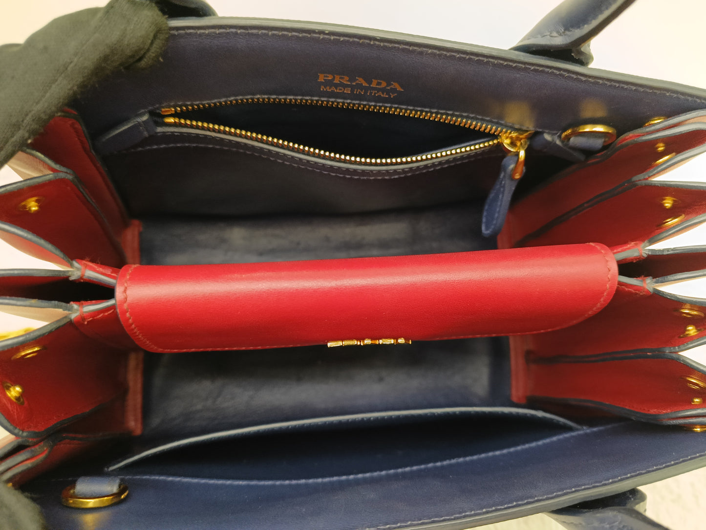 Prada Saffiano Bibliotheque 2 Way Tote Bluette Red GHW