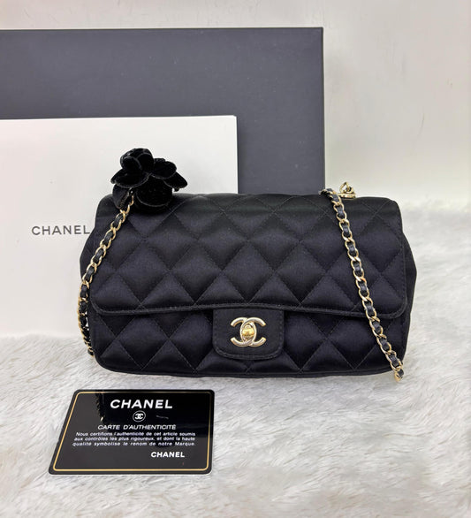 Chanel Mini Flap Satin Camellia Black GHW #21