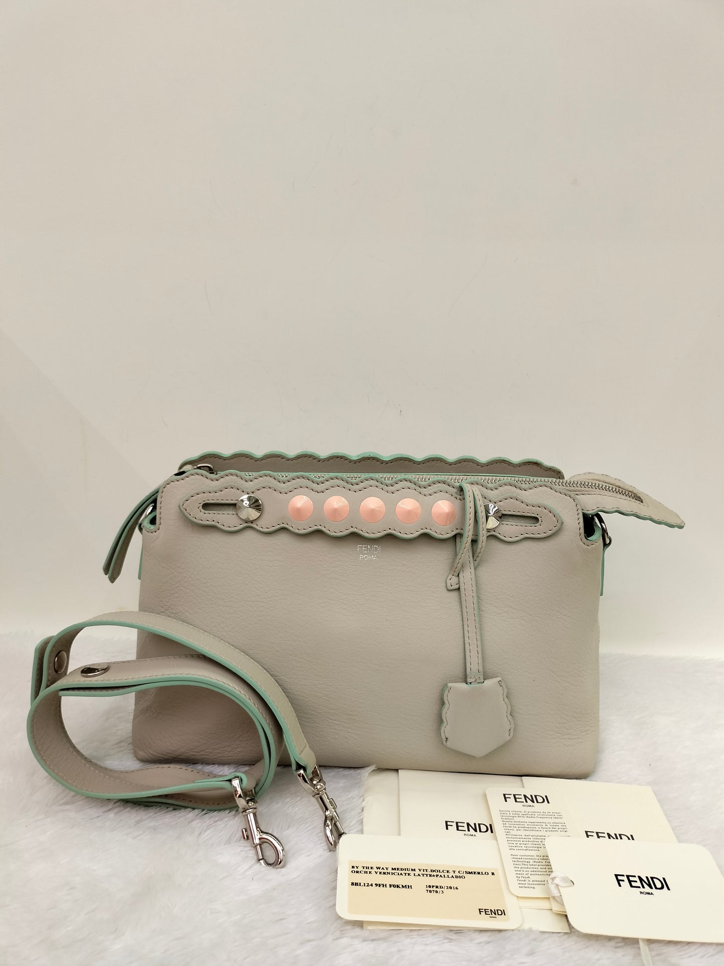 Fendi BTW Medium Vitello Dolce Scalloped Studded Pink Off White SHW 2016