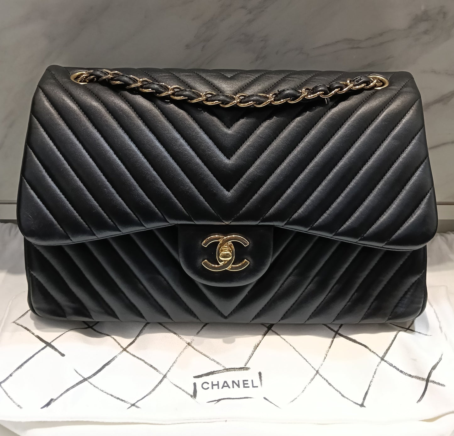 Chanel Jumbo Chevron Lamb Black GHW DF #27