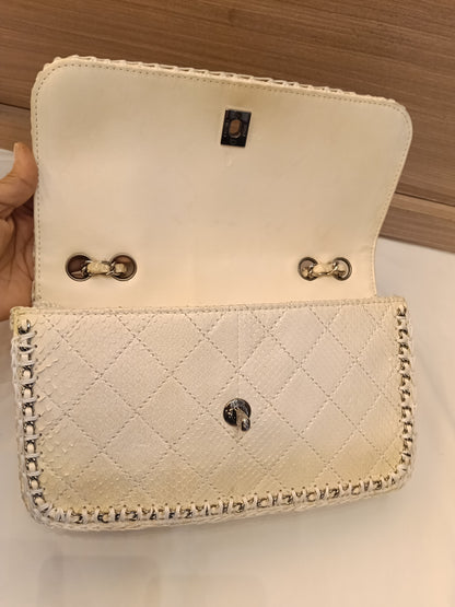 Chanel Turn Lock Flap Chain Python White SHW #11