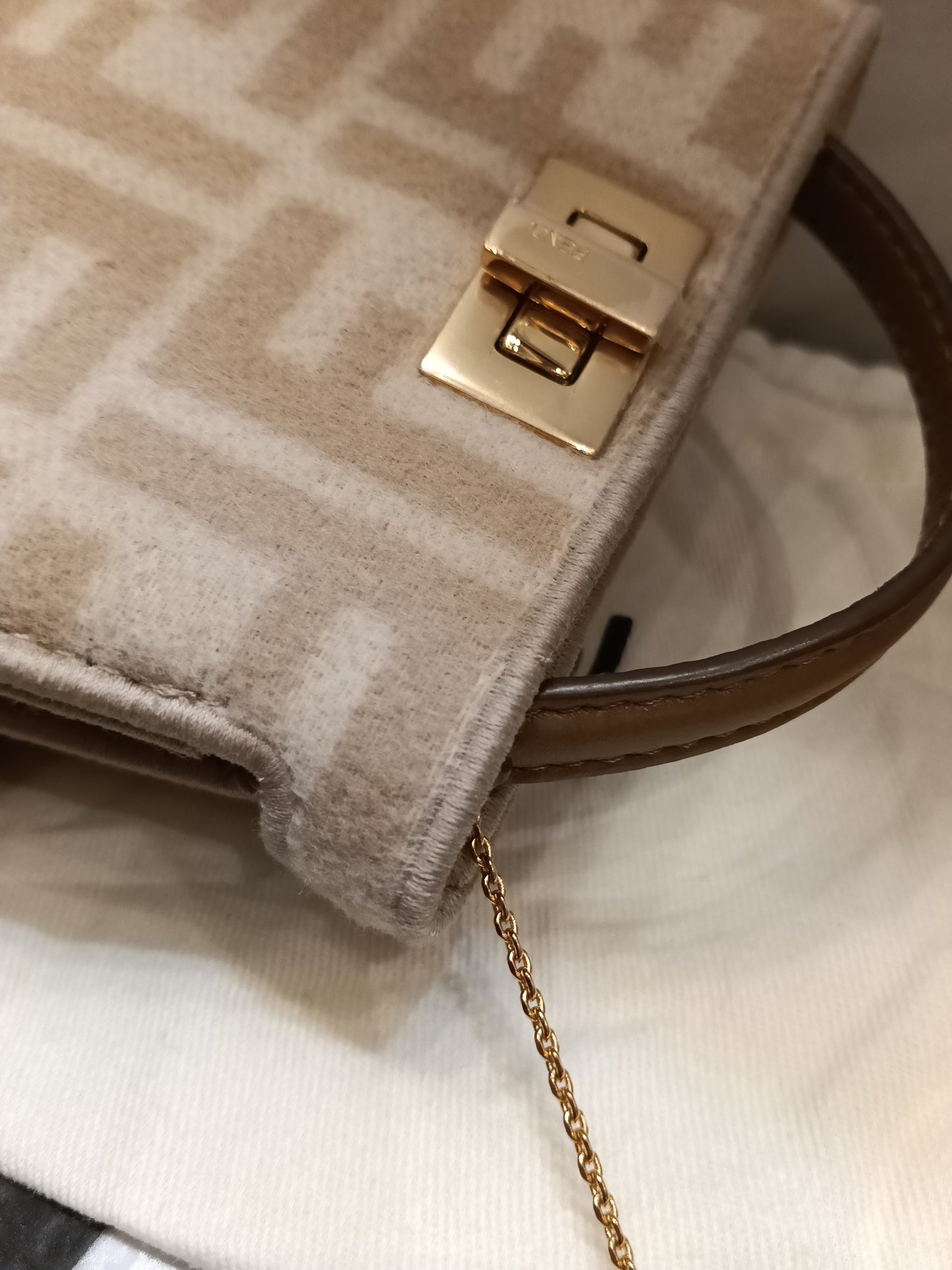 Fendi Peekaboo Nano Charm Embroidered FF Wool Beige Pink GHW