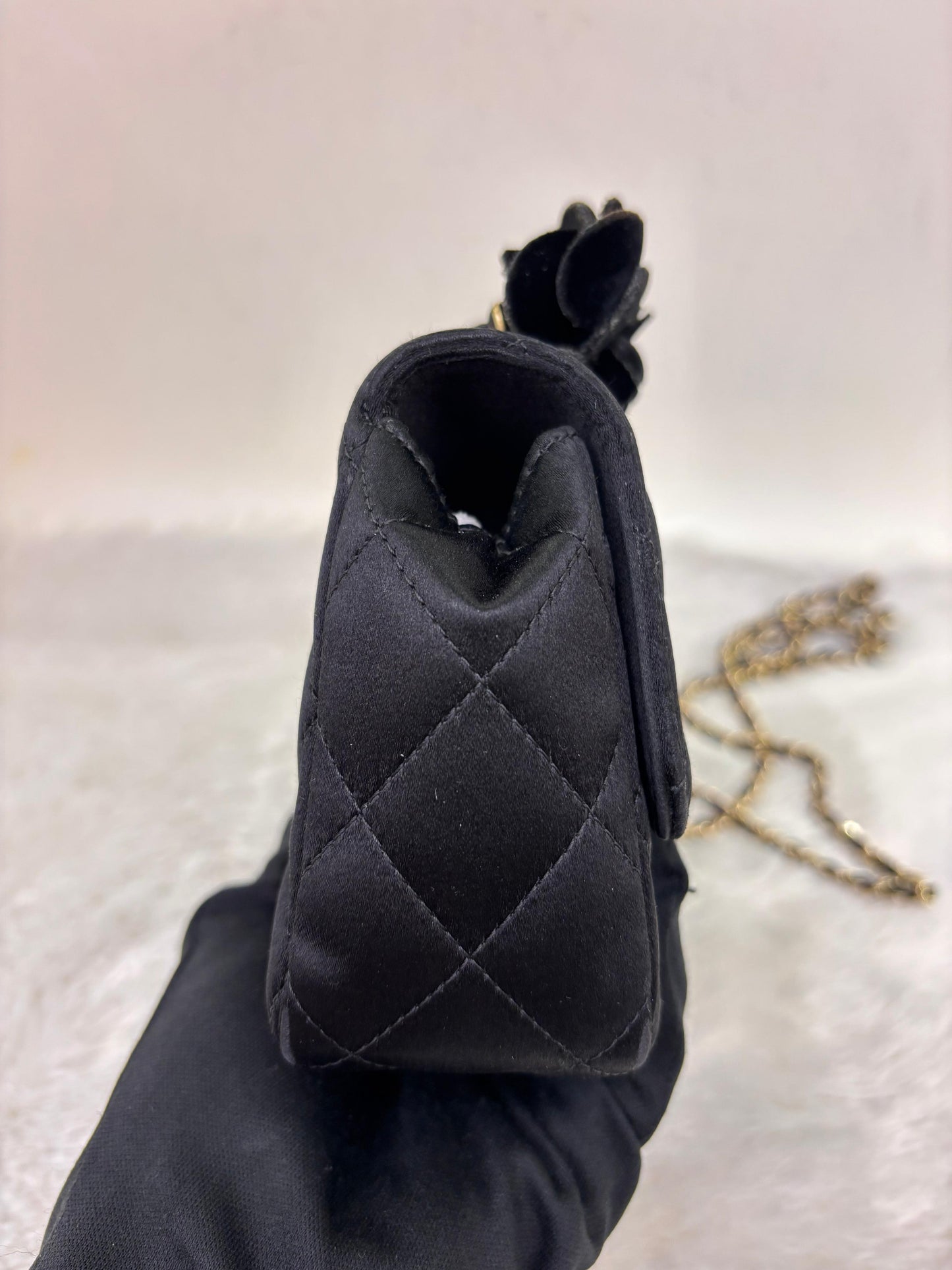 Chanel Mini Flap Satin Camellia Black GHW #21