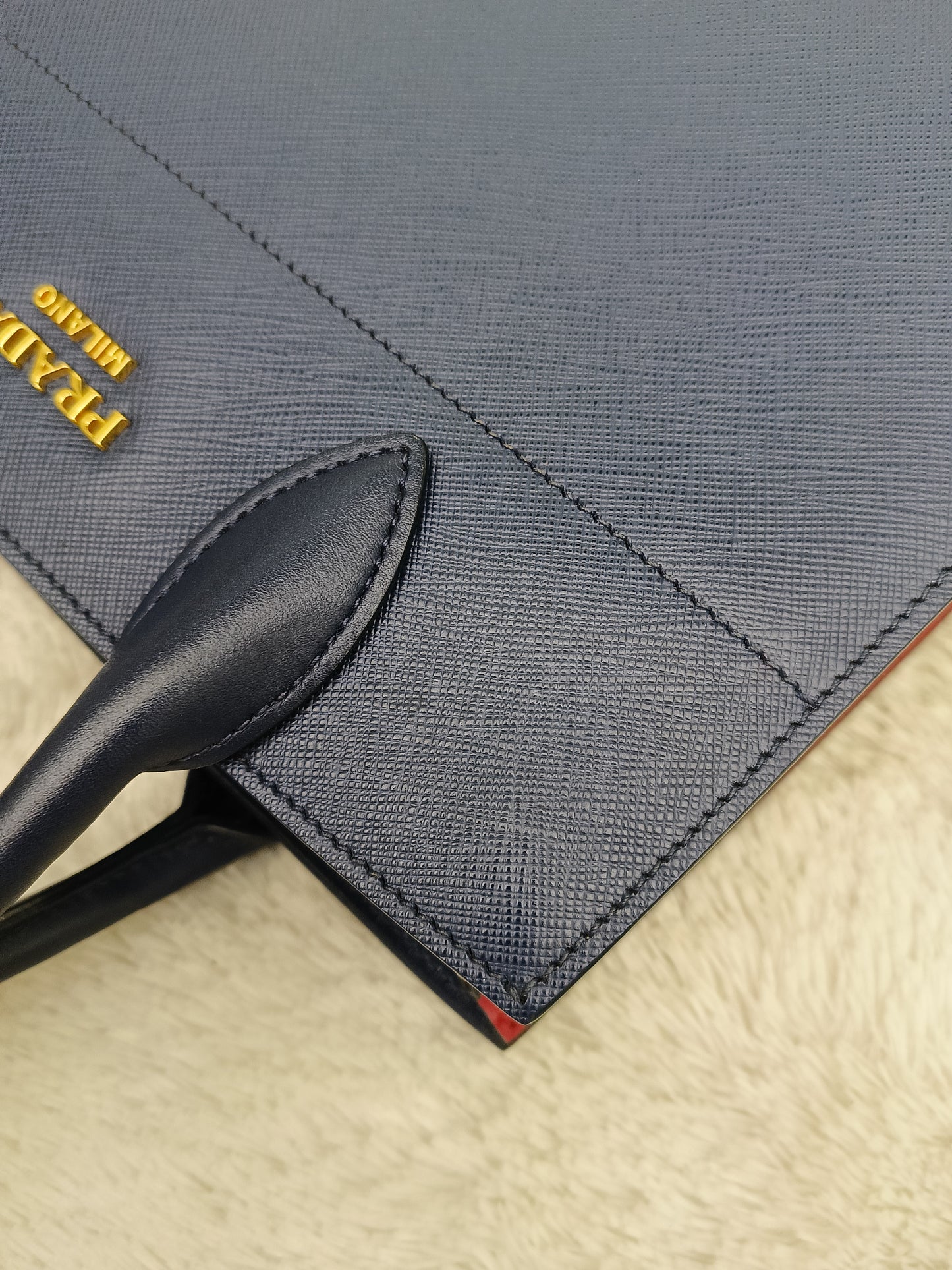 Prada Saffiano Bibliotheque 2 Way Tote Bluette Red GHW