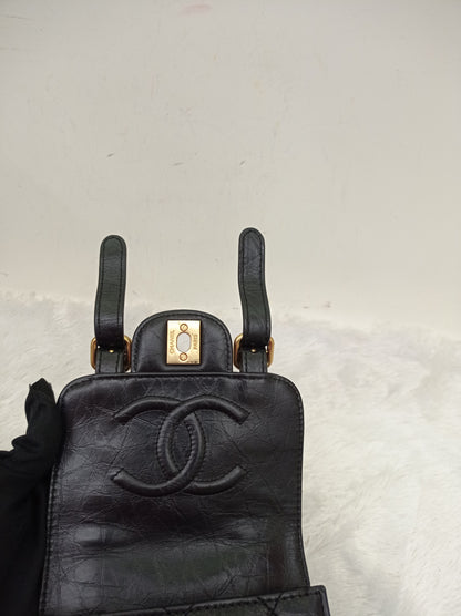 Chanel City School Flap Mini Messenger Calfskin Black GHW (CHIP)