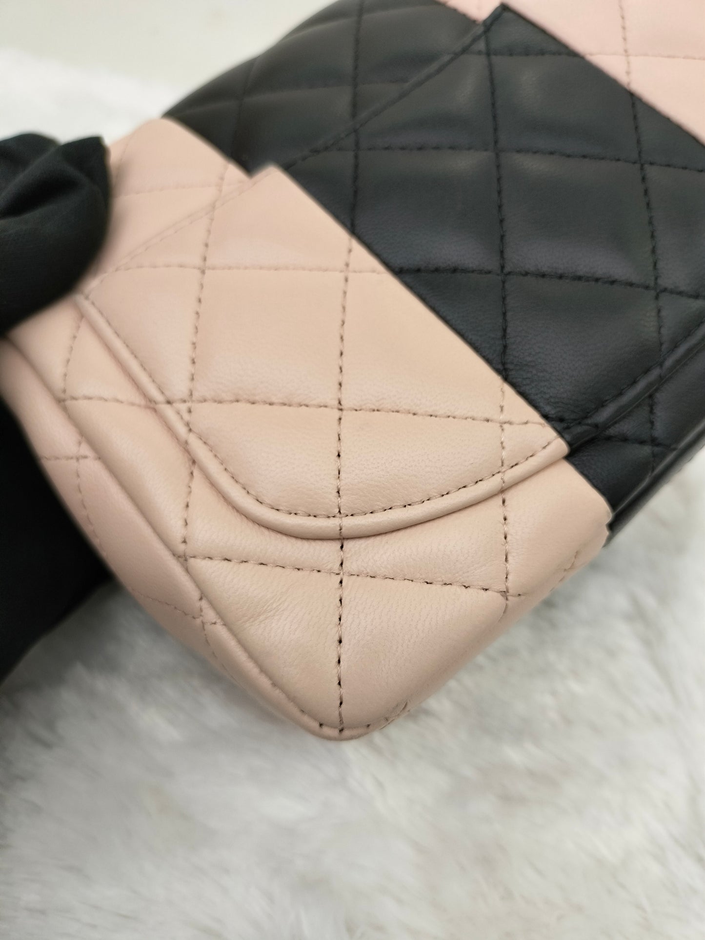 Chanel Mini Square Lamb Beige Black LGHW (CHIP)
