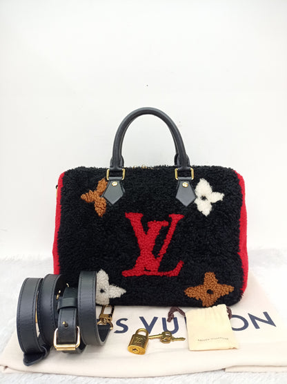 LV Bandou 25 Monogram Giant Fleece Teddy Shearling Black Red 2019