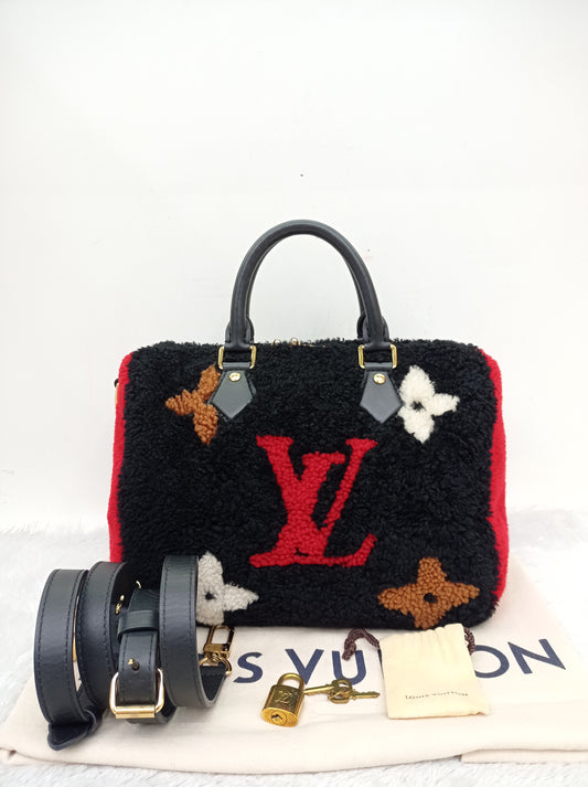 LV Bandou 25 Monogram Giant Fleece Teddy Shearling Black Red 2019