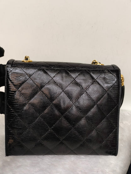 Chanel Shoulder Double Flap Tassel Lizard Black GHW #1