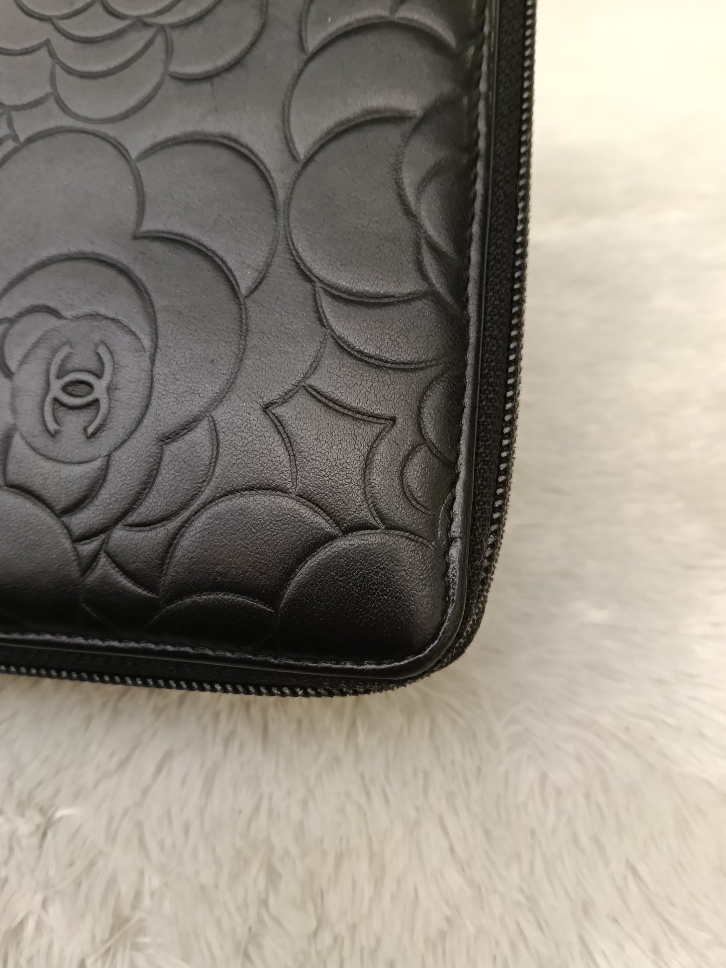 Chanel Zip Around Organizer Wallet Camellia Embossed Black Silver SHW #16