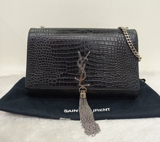 YsL Kate Tassel Medium Croco Embossed Black SHW 2018