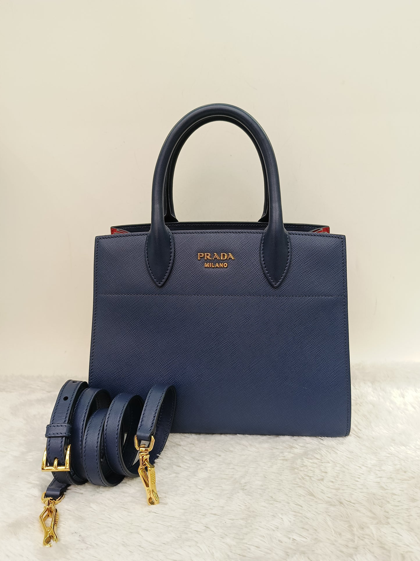Prada Saffiano Bibliotheque 2 Way Tote Bluette Red GHW