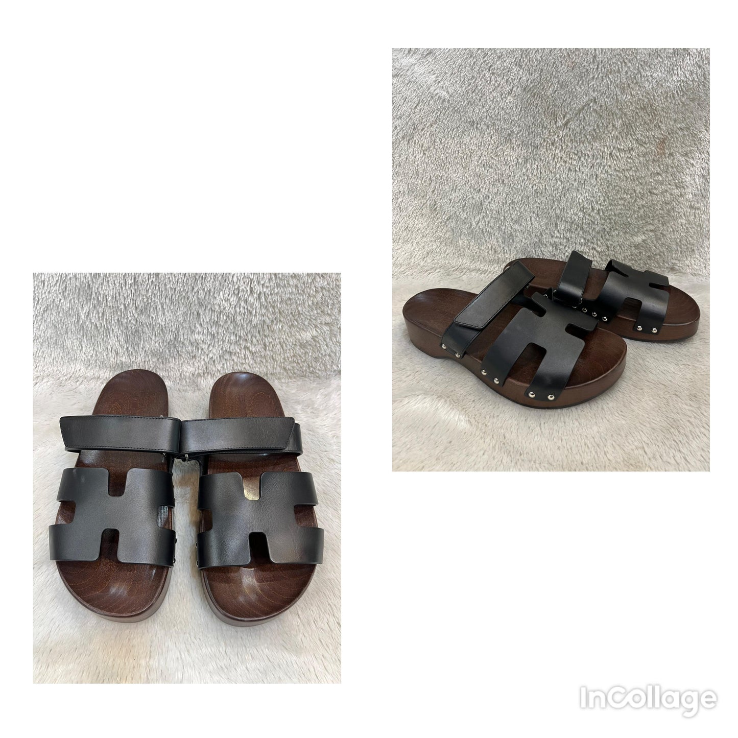 *NEW* Hermes Kos Clog Sandals Calfskin Wood Black Brown Size 40