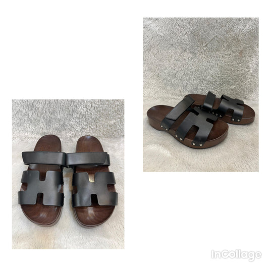 *NEW* Hermes Kos Clog Sandals Calfskin Wood Black Brown Size 40