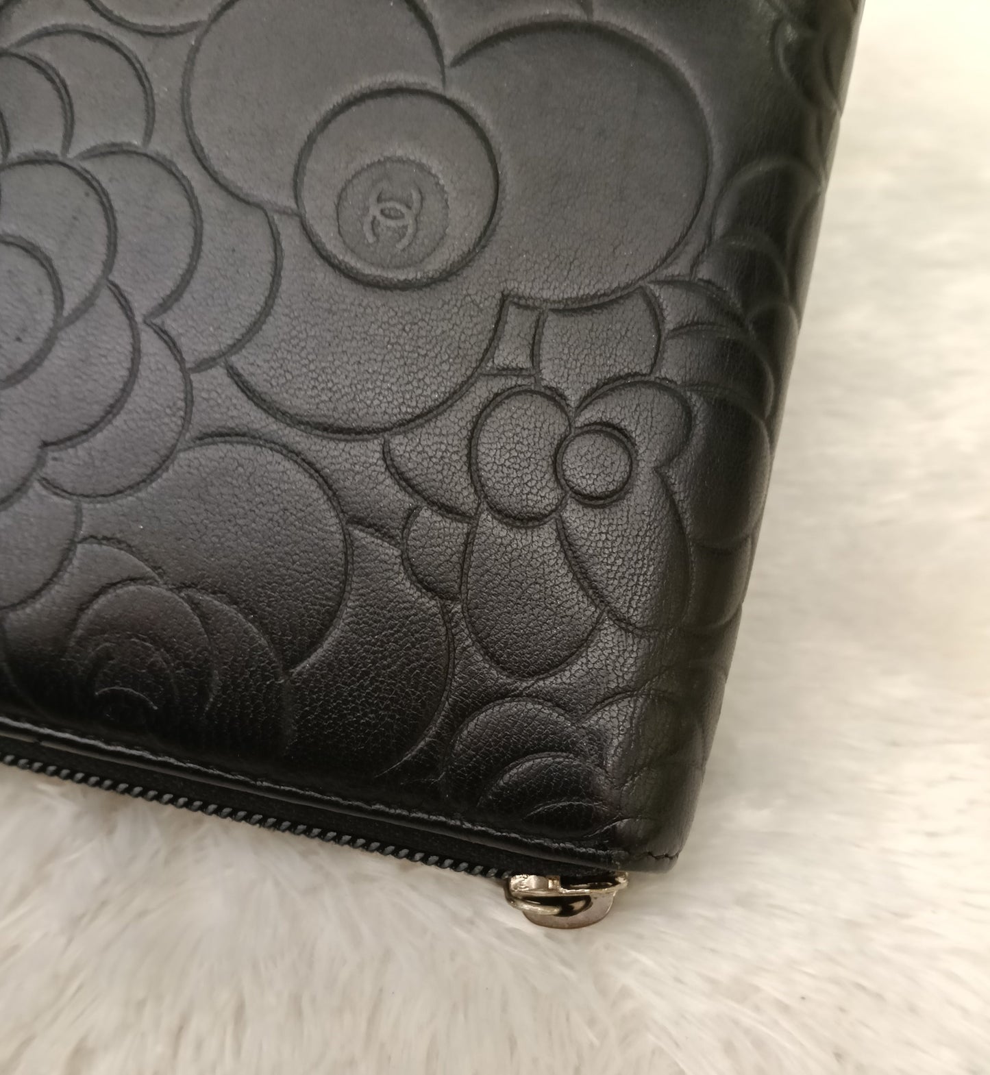 Chanel Zip Around Organizer Wallet Camellia Embossed Black Silver SHW #16