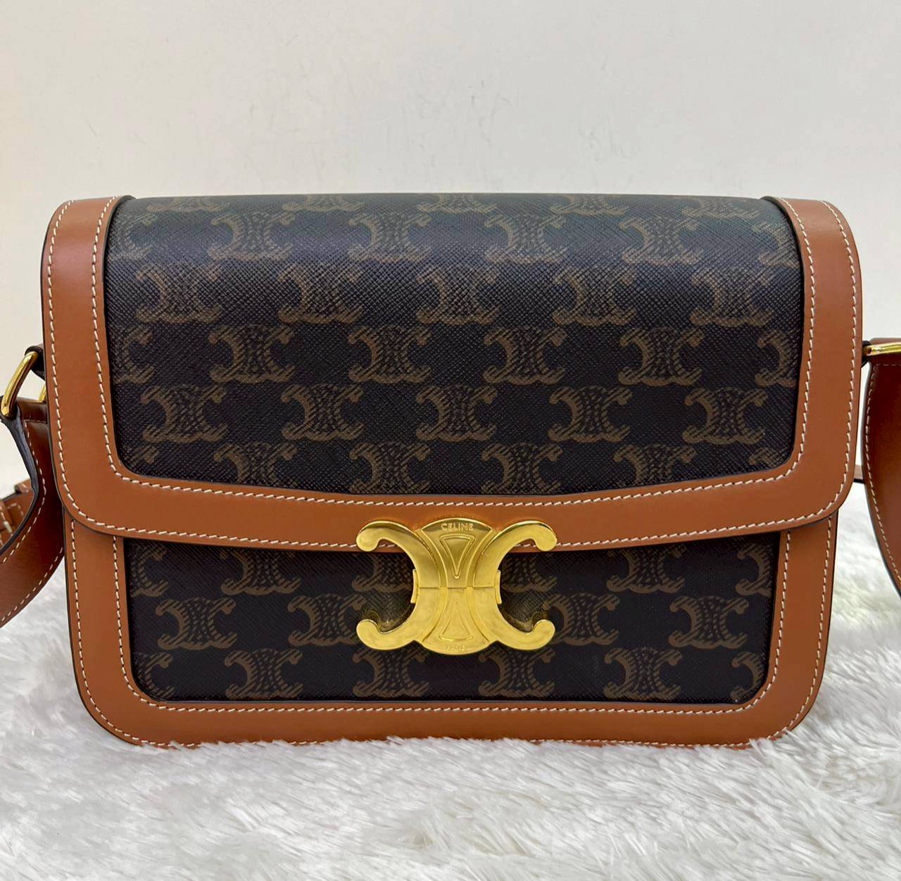 Celine Triomphe Teen Canvas Calfskin Tan Black GHW 2021