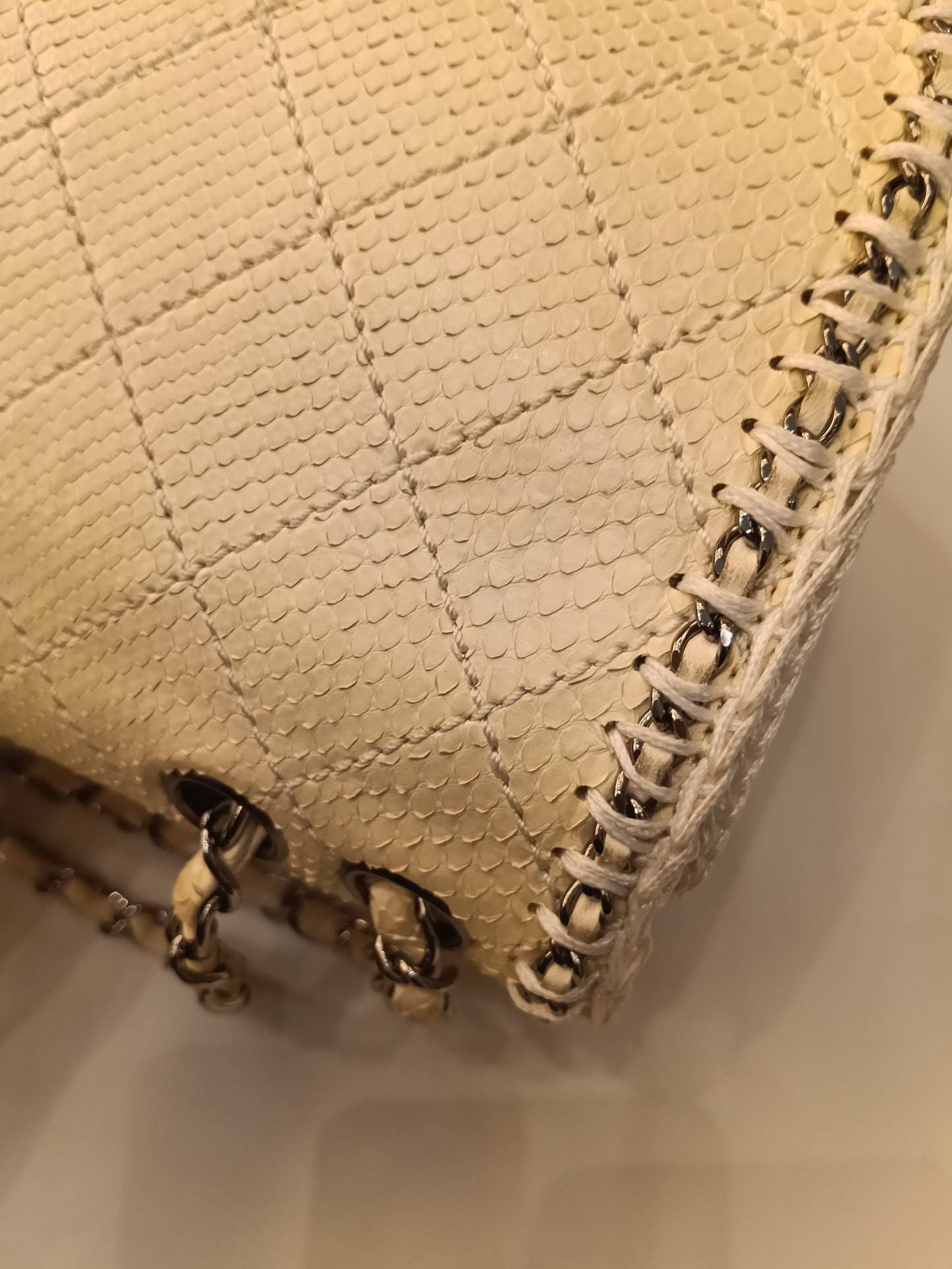Chanel Turn Lock Flap Chain Python White SHW #11