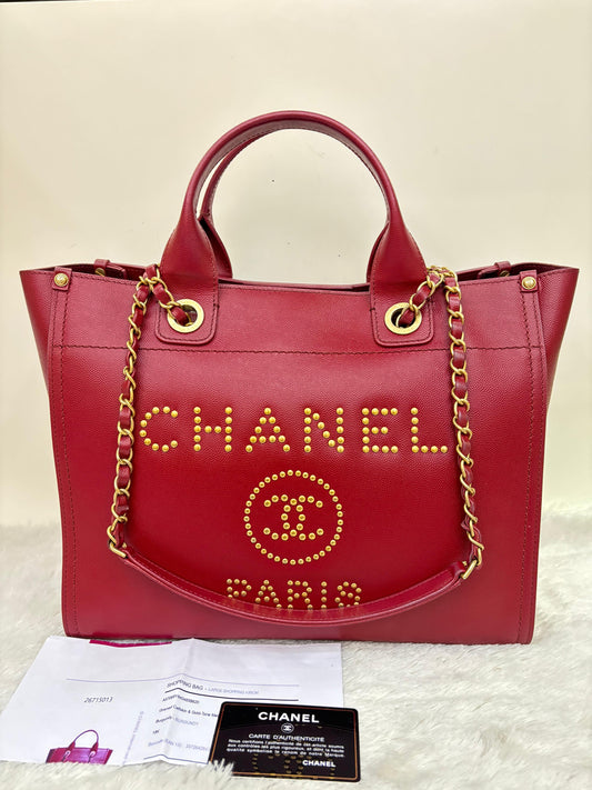 Chanel Deauville Small Caviar Studded Burgundy GHW #26