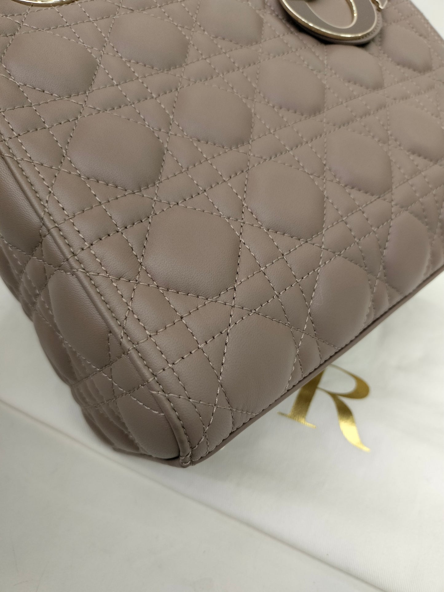 *NBU* Lady Dior Medium Lamb Taupe Enamel Charm GHW