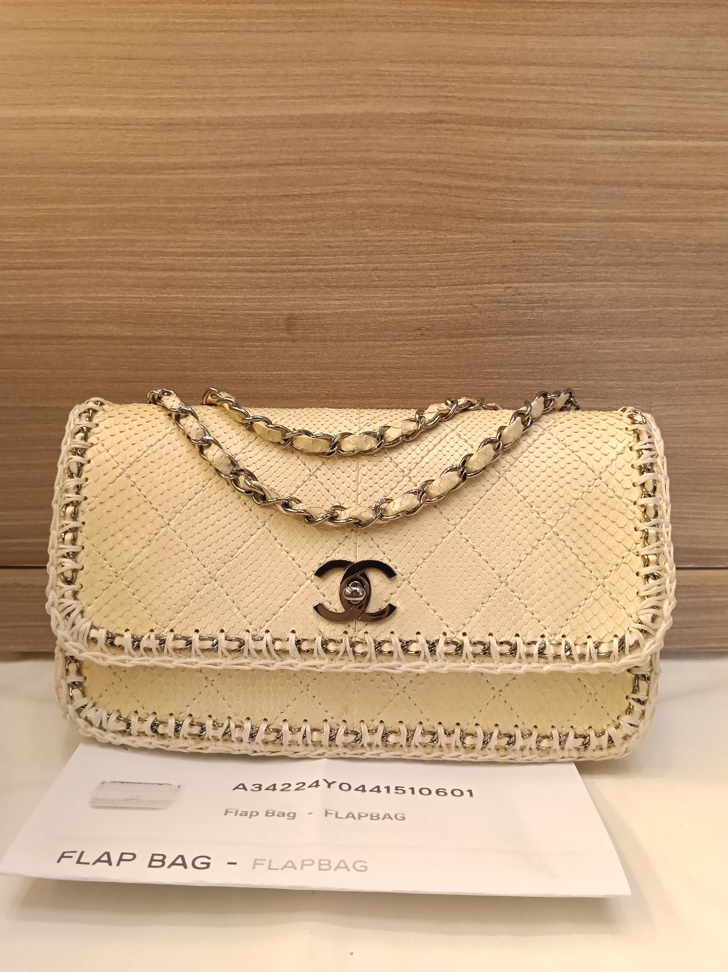 Chanel Turn Lock Flap Chain Python White SHW #11