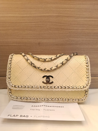 Chanel Turn Lock Flap Chain Python White SHW #11